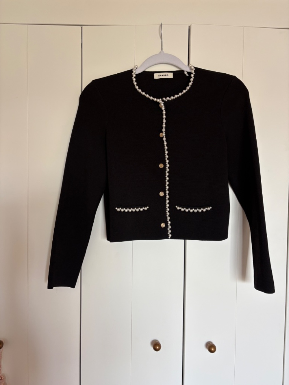 Sandro Black Pearl-Trim Cropped Cardigan - Picture 2 of 4